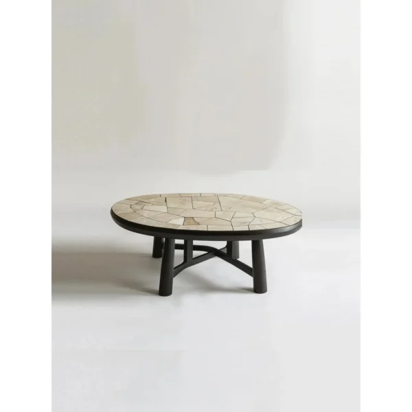 Huajing Round Coffee Table with Cracked Stone Mosaic Top in oatmeal — in a room setting