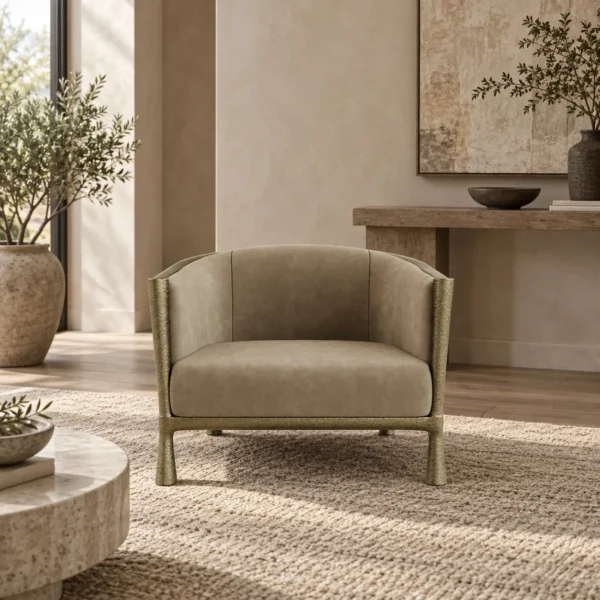 Sage Suede Tub Lounge Chair with Stitched Edge in olive — in a room setting