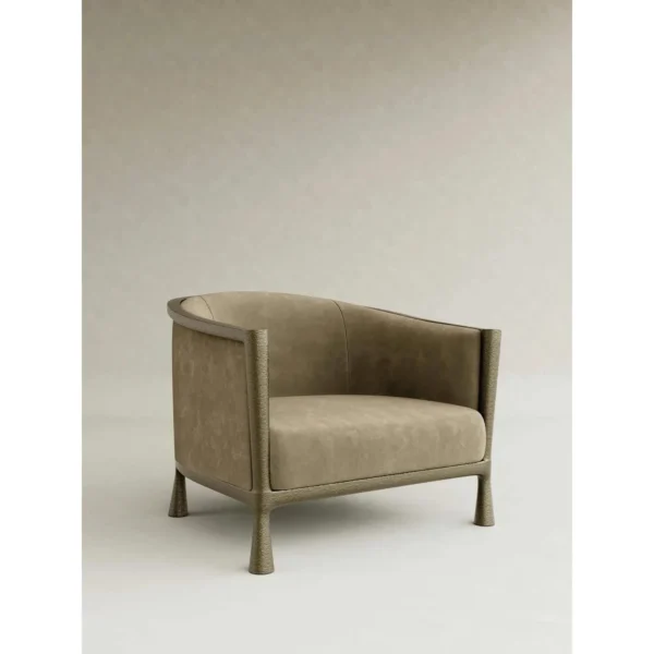 Sage Suede Tub Lounge Chair with Stitched Edge in olive — in a room setting