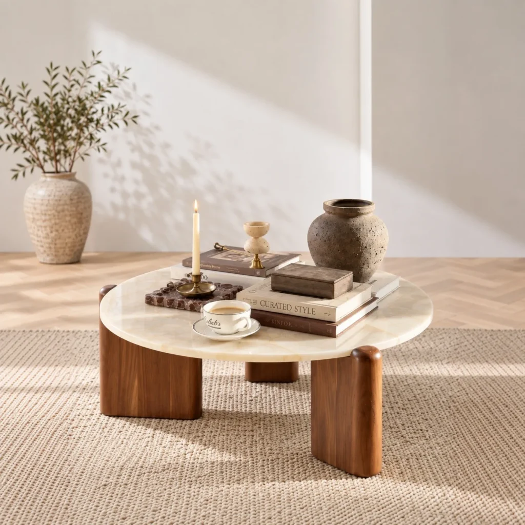 Ice Age Marble Round Coffee Table on Walnut Legs in oatmeal — front view