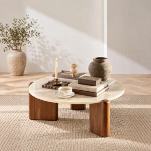 Ice Age Marble Round Coffee Table on Walnut Legs in oatmeal — front view