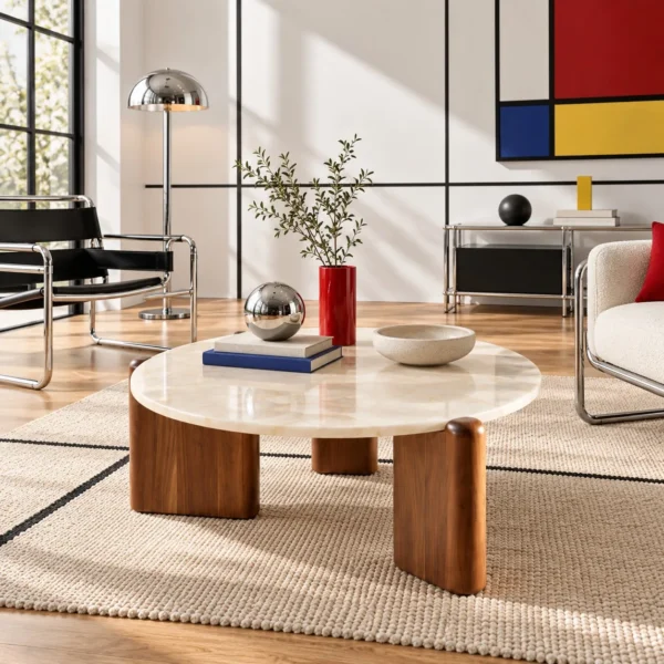 Ice Age Marble Round Coffee Table on Walnut Legs in oatmeal — in a room setting