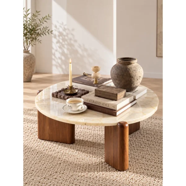 Ice Age Marble Round Coffee Table on Walnut Legs in oatmeal — in a room setting