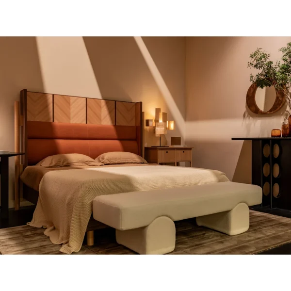 Ice Cream Stick Bench with Cream Fabric Seat in oatmeal — in a room setting