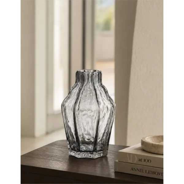 Designer Ice Ridge Textured Glass Vase in slate — in a room setting