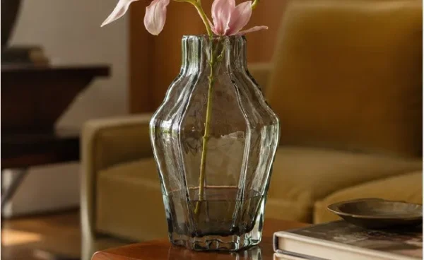Designer Ice Ridge Textured Glass Vase in slate — in a room setting
