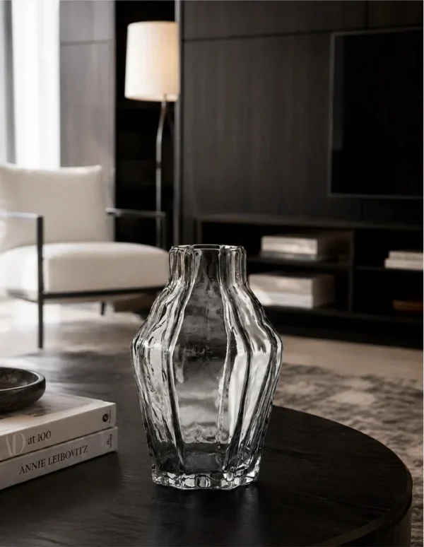 Designer Ice Ridge Textured Glass Vase in slate — in a room setting
