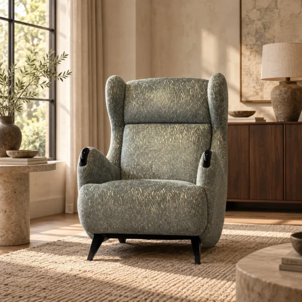 Sculptural Wingback Reading Lounge Chair in Sage Chenille — in a room setting