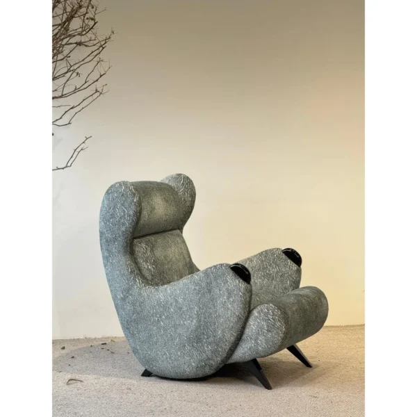 Sculptural Wingback Reading Lounge Chair in Sage Chenille — in a room setting