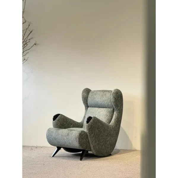 Sculptural Wingback Reading Lounge Chair in Sage Chenille — in a room setting