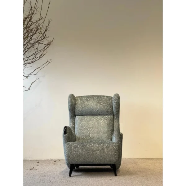 Sculptural Wingback Reading Lounge Chair in Sage Chenille — in a room setting