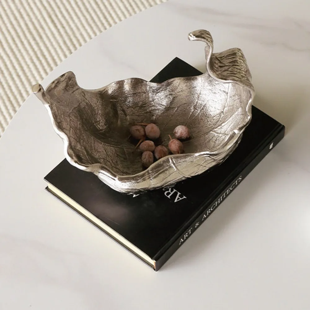 Imported Aluminium Leaf Bowl Ornament, Dancing Leaf in silver — front view