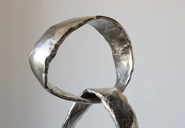 Imported Aluminium Ring Sculptures on Black Base, Two Forms in silver — in a room setting