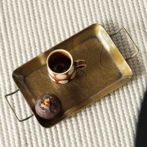 Imported Engraved Brass Twin-Handle Tray, French Vintage in brushed brass — front view