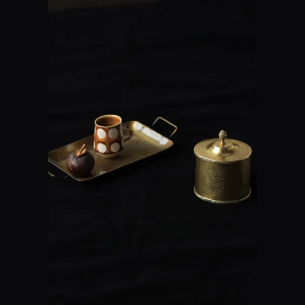 Imported Engraved Brass Twin-Handle Tray, French Vintage in brushed brass — in a room setting