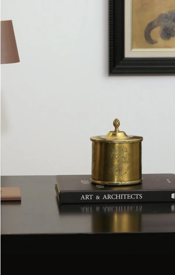 Imported Engraved Brass Twin-Handle Tray, French Vintage in brushed brass — in a room setting