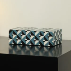Imported Geometric Inlay Wooden Jewellery Box, Two Patterns in blue — front view