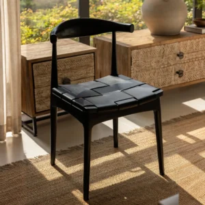 Horn-Back Teak Dining Chair with Woven Leather Seat in black — front view