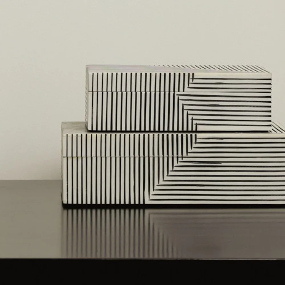 Black and White Line-Pattern Decorative Boxes in black — front view