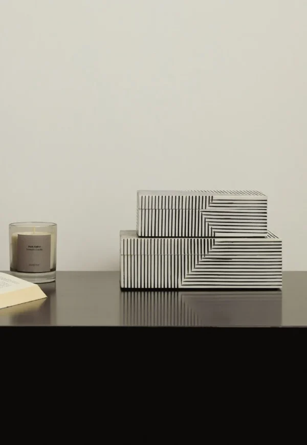 Black and White Line-Pattern Decorative Boxes in black — in a room setting