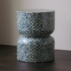Blue Scale Capiz Shell Hourglass Side Table Stool in blue — front view