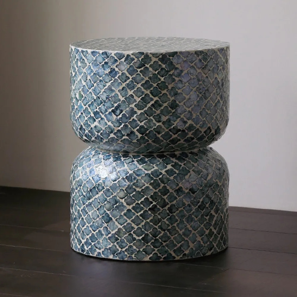 Blue Scale Capiz Shell Hourglass Side Table Stool in blue — front view