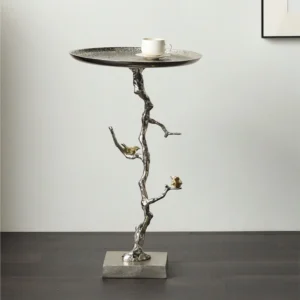 Moonlight Branch Cast Aluminium Side Table with Birds in silver — front view