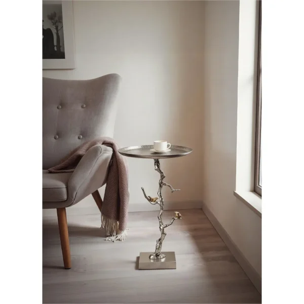 Moonlight Branch Cast Aluminium Side Table with Birds in silver — in a room setting