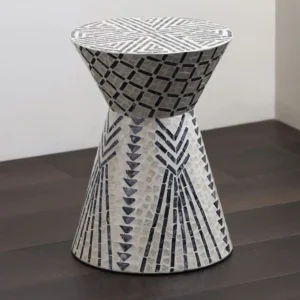 Geometric Diamond Capiz Shell Hourglass Side Table in black — front view
