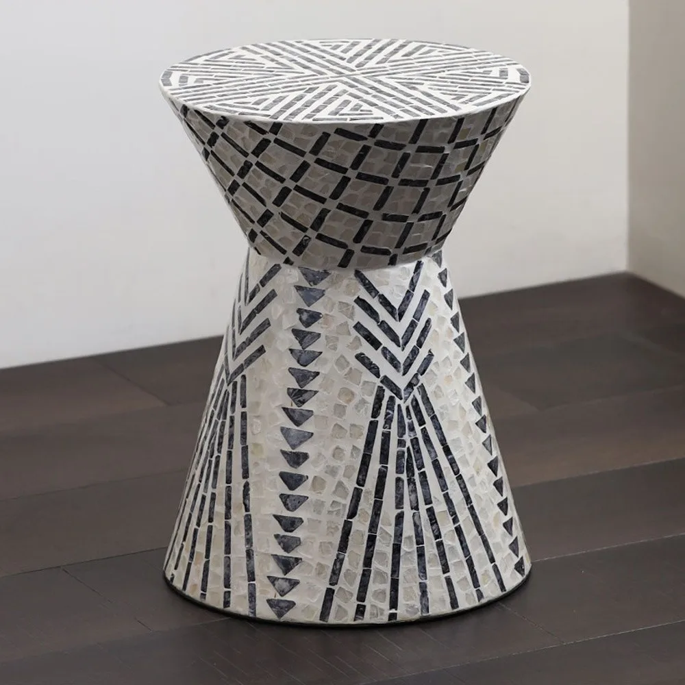 Geometric Diamond Capiz Shell Hourglass Side Table in black — front view