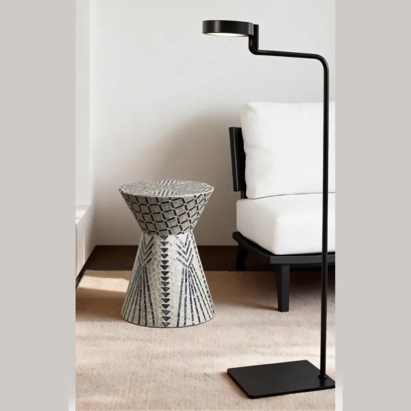 Geometric Diamond Capiz Shell Hourglass Side Table in black — in a room setting