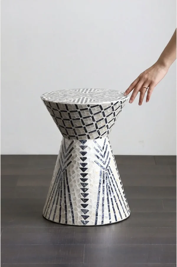 Geometric Diamond Capiz Shell Hourglass Side Table in black — in a room setting