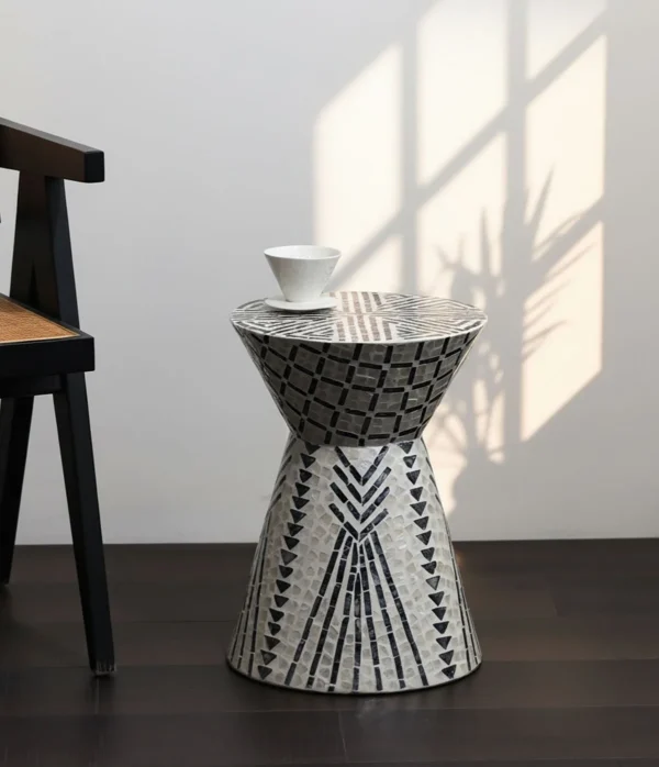 Geometric Diamond Capiz Shell Hourglass Side Table in black — in a room setting