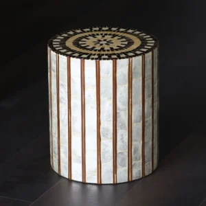 Brocade-Pattern Capiz Shell and Bamboo Drum Side Table in ivory — front view