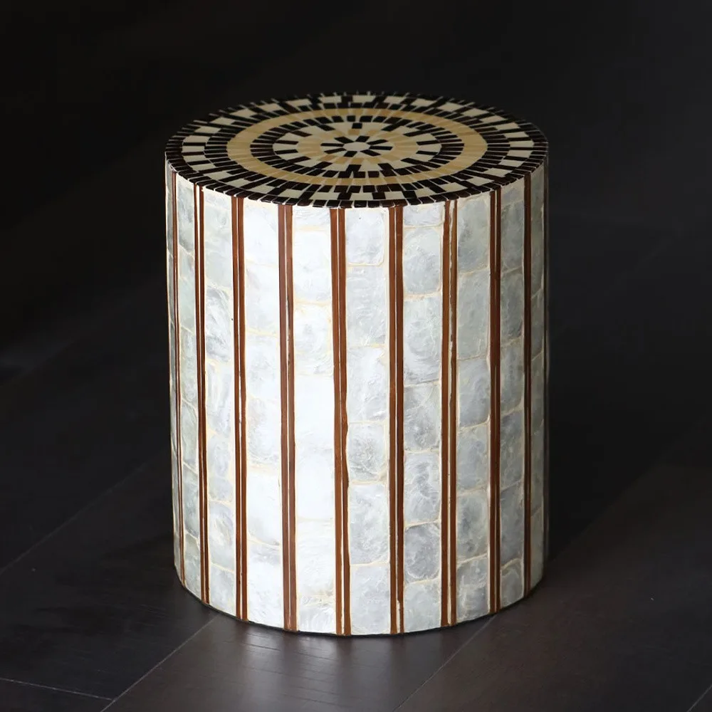 Brocade-Pattern Capiz Shell and Bamboo Drum Side Table in ivory — front view