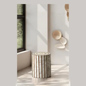 Brocade-Pattern Capiz Shell and Bamboo Drum Side Table in ivory — in a room setting