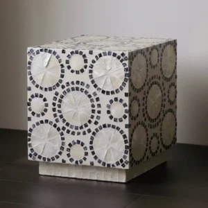 Iridescent Capiz Shell Cube Side Table with Circle Mosaic in oatmeal — front view