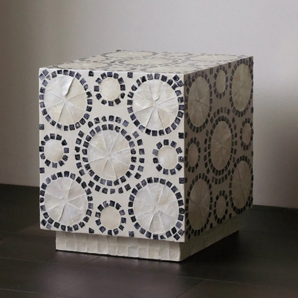 Iridescent Capiz Shell Cube Side Table with Circle Mosaic in oatmeal — front view