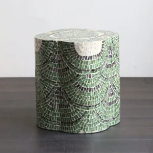 Green Scallop Capiz Shell Petal Drum Side Table in olive — front view