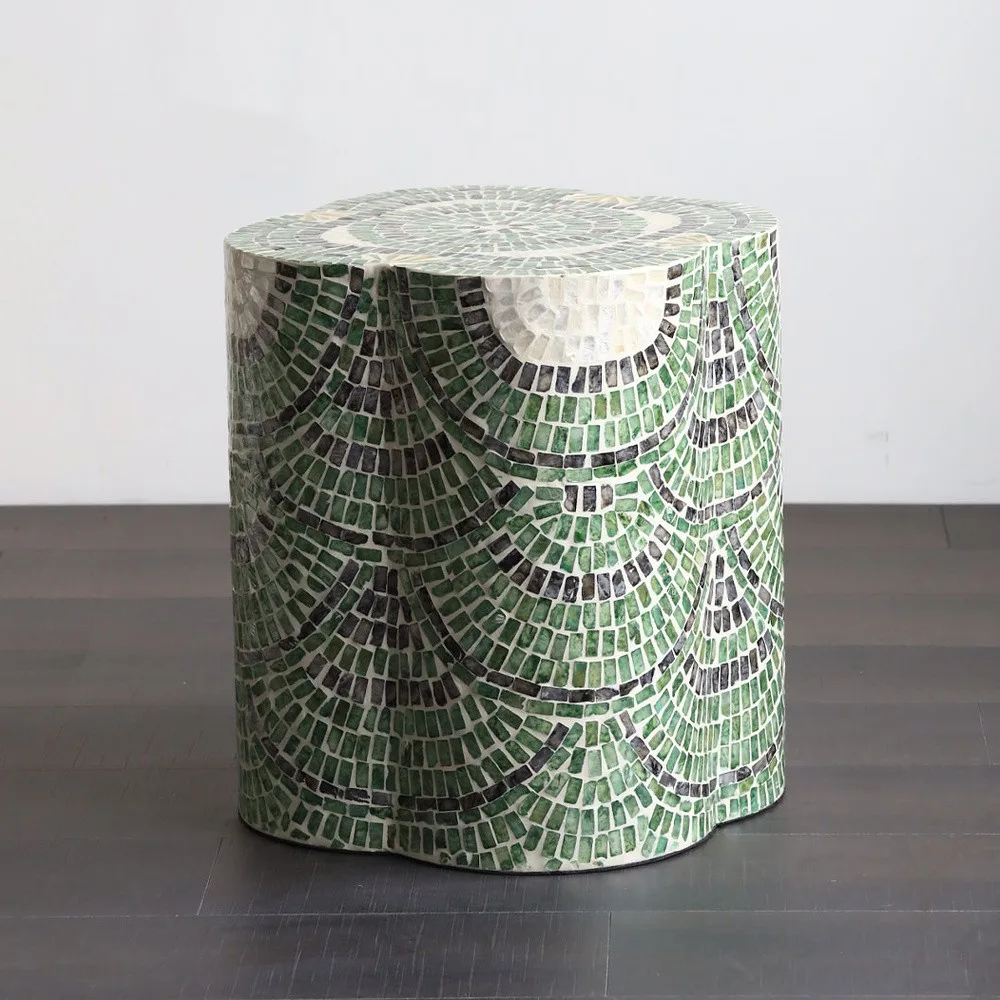 Green Scallop Capiz Shell Petal Drum Side Table in olive — front view