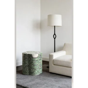 Green Scallop Capiz Shell Petal Drum Side Table in olive — in a room setting