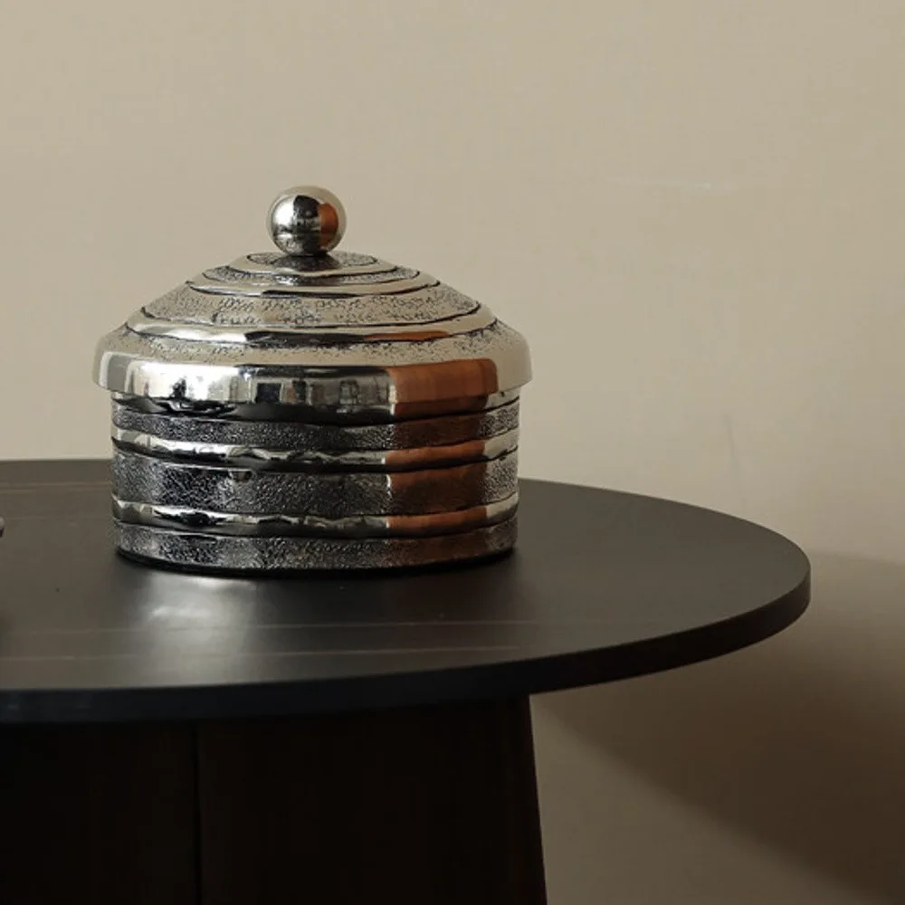 Ribbed Silver Aluminium Storage Jar with Domed Lid in silver — front view