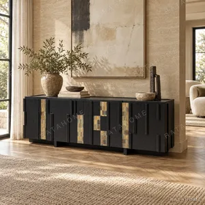 Black Ash Entryway Cabinet with Art Veneer Panels, 220 cm in black — in a room setting