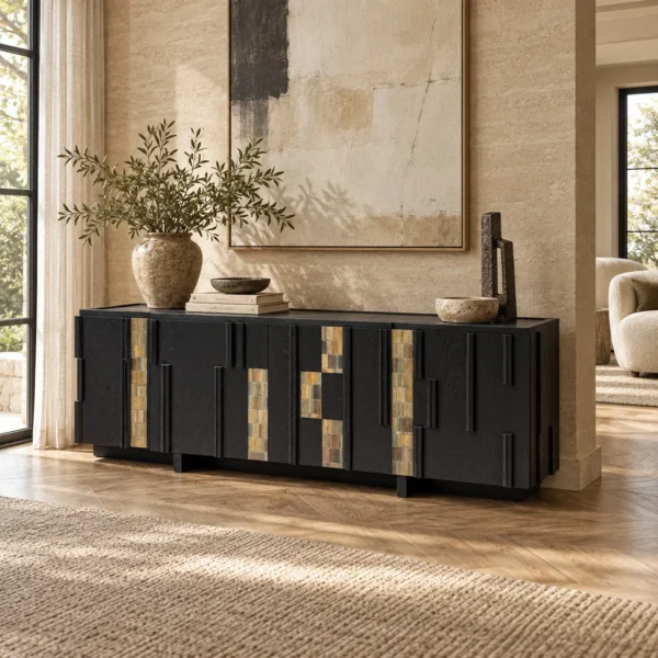 Black Ash Entryway Cabinet with Art Veneer Panels, 220 cm in black — in a room setting