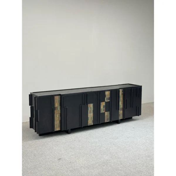 Black Ash Entryway Cabinet with Art Veneer Panels, 220 cm in black — in a room setting