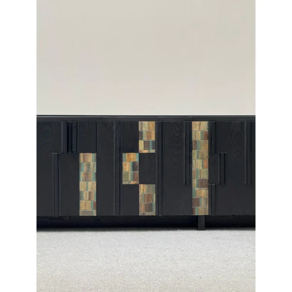 Black Ash Entryway Cabinet with Art Veneer Panels, 220 cm in black — in a room setting