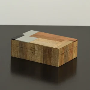 Mango Wood and Resin Patchwork Box in natural oak — front view