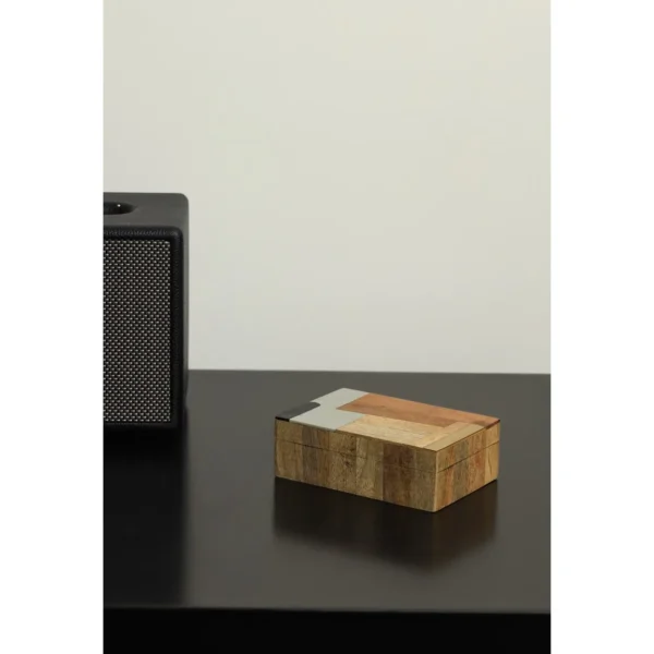 Mango Wood and Resin Patchwork Box in natural oak — in a room setting