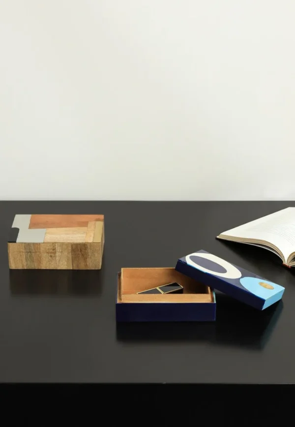 Mango Wood and Resin Patchwork Box in natural oak — in a room setting