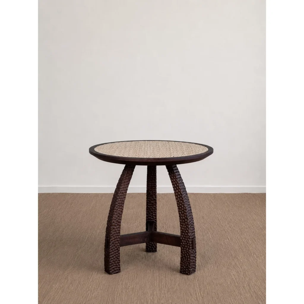 Imprint Hand-Carved Solid Wood Side Table with Woven Top in clay — front view